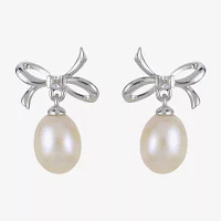 White Cultured Freshwater Pearl Sterling Silver 16mm Bow Stud Earrings