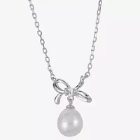 Womens White Cultured Freshwater Pearl Sterling Silver Bow Pendant Necklace