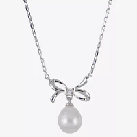 Womens White Cultured Freshwater Pearl Sterling Silver Bow Pendant Necklace