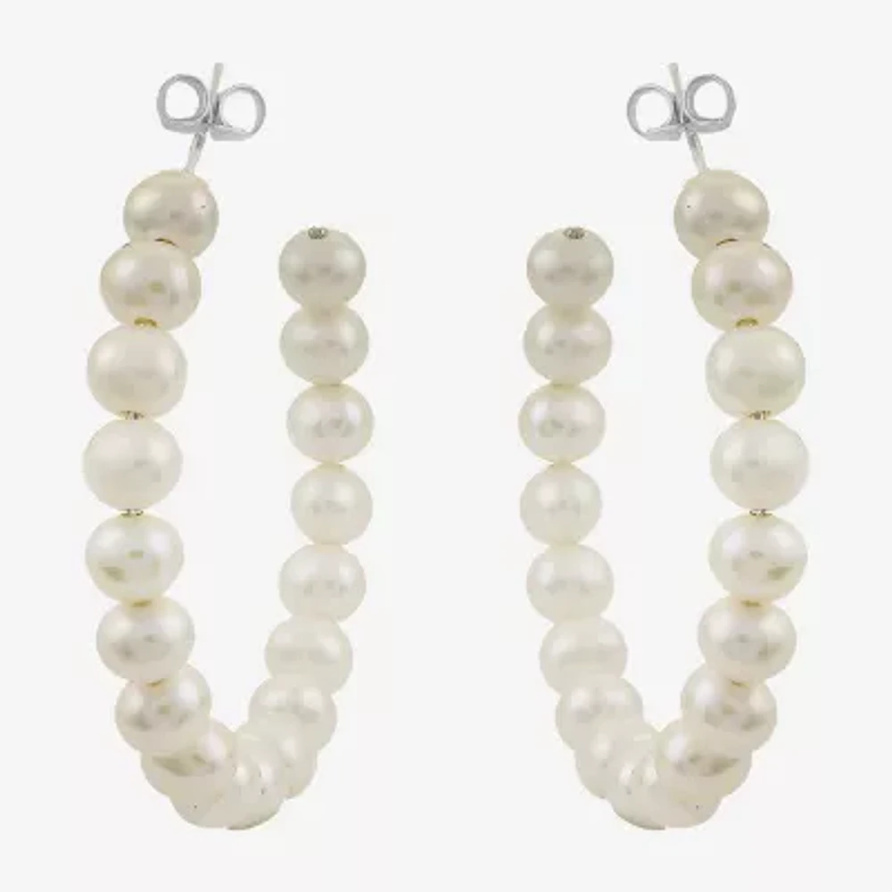 White Cultured Freshwater Pearl Sterling Silver 40mm Hoop Earrings