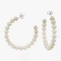 White Cultured Freshwater Pearl Sterling Silver 40mm Hoop Earrings