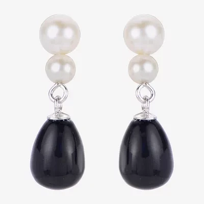 Womens Black Onyx Cultured Freshwater Pearl Sterling Silver Drop Earrings