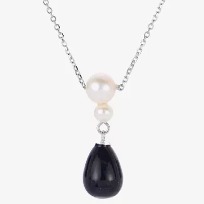 Womens Black Onyx Cultured Freshwater Pearl Sterling Silver Pendant Necklace