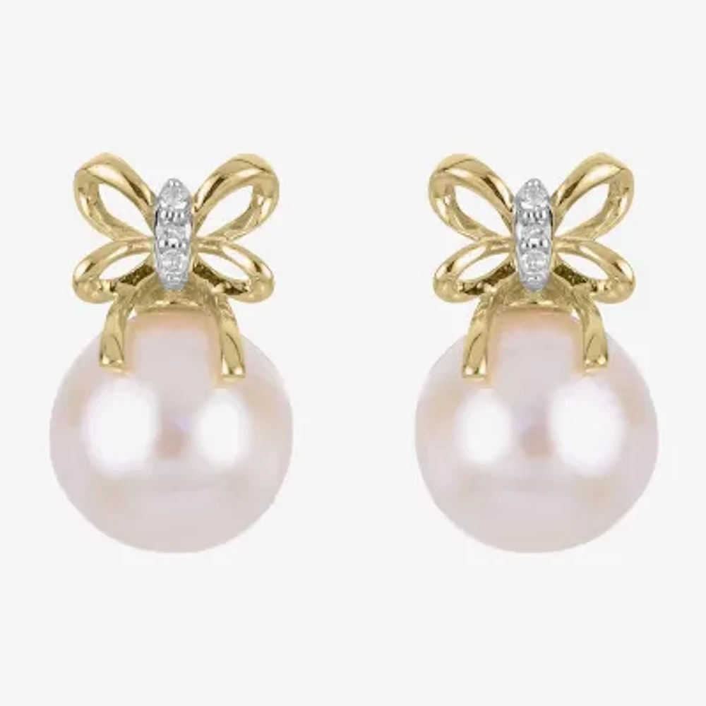 White Cultured Freshwater Pearl 14K Gold 11.5mm Bow Stud Earrings