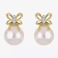 White Cultured Freshwater Pearl 14K Gold 11.5mm Bow Stud Earrings