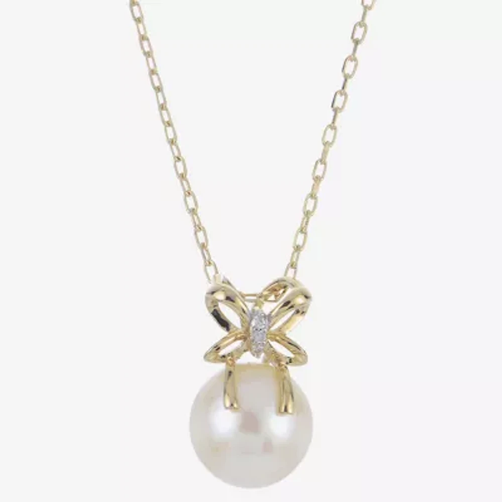 Womens White Cultured Freshwater Pearl 14K Gold Bow Pendant Necklace