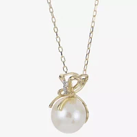 Womens White Cultured Freshwater Pearl 14K Gold Bow Pendant Necklace