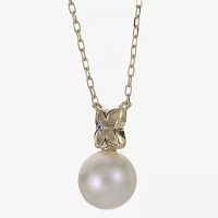 Womens White Cultured Freshwater Pearl 14K Gold Bow Pendant Necklace