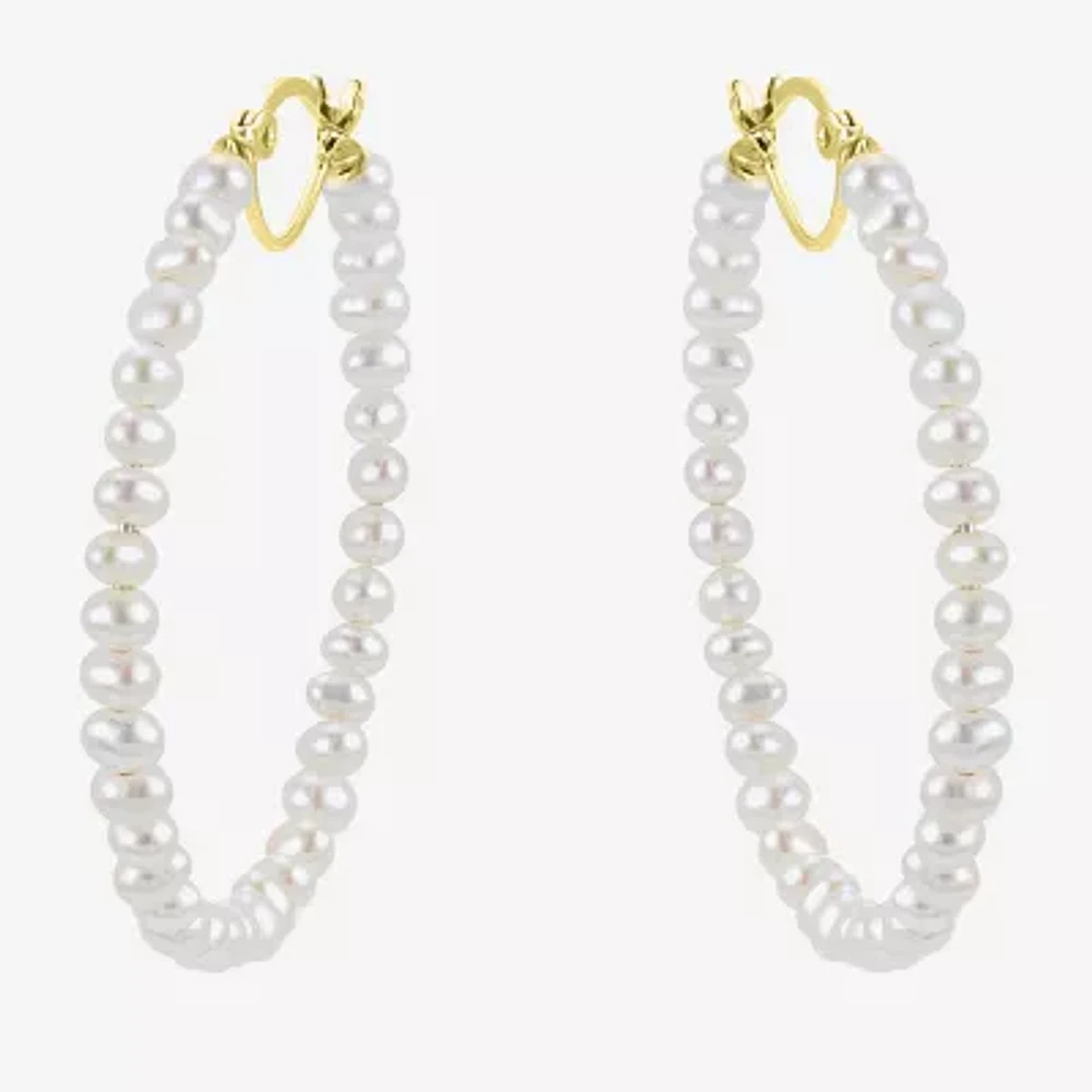 White Cultured Freshwater Pearl 14K Gold 40mm Hoop Earrings