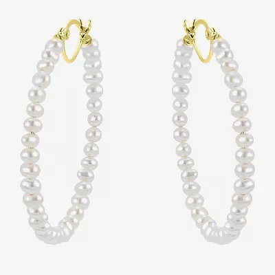 White Cultured Freshwater Pearl 14K Gold 40mm Hoop Earrings