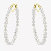 White Cultured Freshwater Pearl 14K Gold 40mm Hoop Earrings