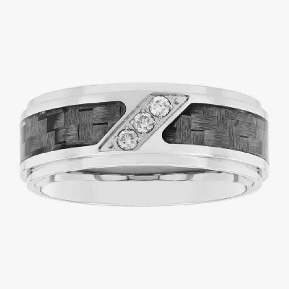 Personalized Mens 1/10 CT.T.W. Natural Diamond 8mm Stainless Steel and Carbon Fiber Wedding Band