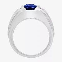 Mens Sterling Silver Lab Created Cushion Cut Blue Sapphire Ring