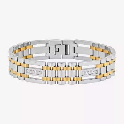 Mens Two-Tone Stainless Steel Cubic Zirconia Bracelet