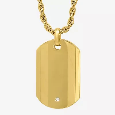 Mens Cubic Zirconia Gold-Tone Ion-Plated Stainless Steel Dog Tag Pendant Necklace