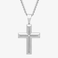 Mens Stainless Steel Diamond-Accent Cross Pendant Necklace