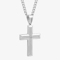 Mens Stainless Steel Diamond-Accent Cross Pendant Necklace