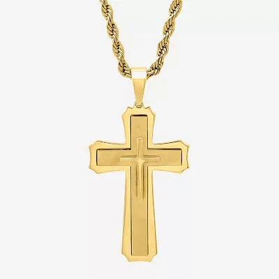 Mens Gold-Tone Ion-Plated Stainless Steel Cross Pendant Necklace