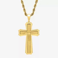 Mens Gold-Tone Ion-Plated Stainless Steel Cross Pendant Necklace