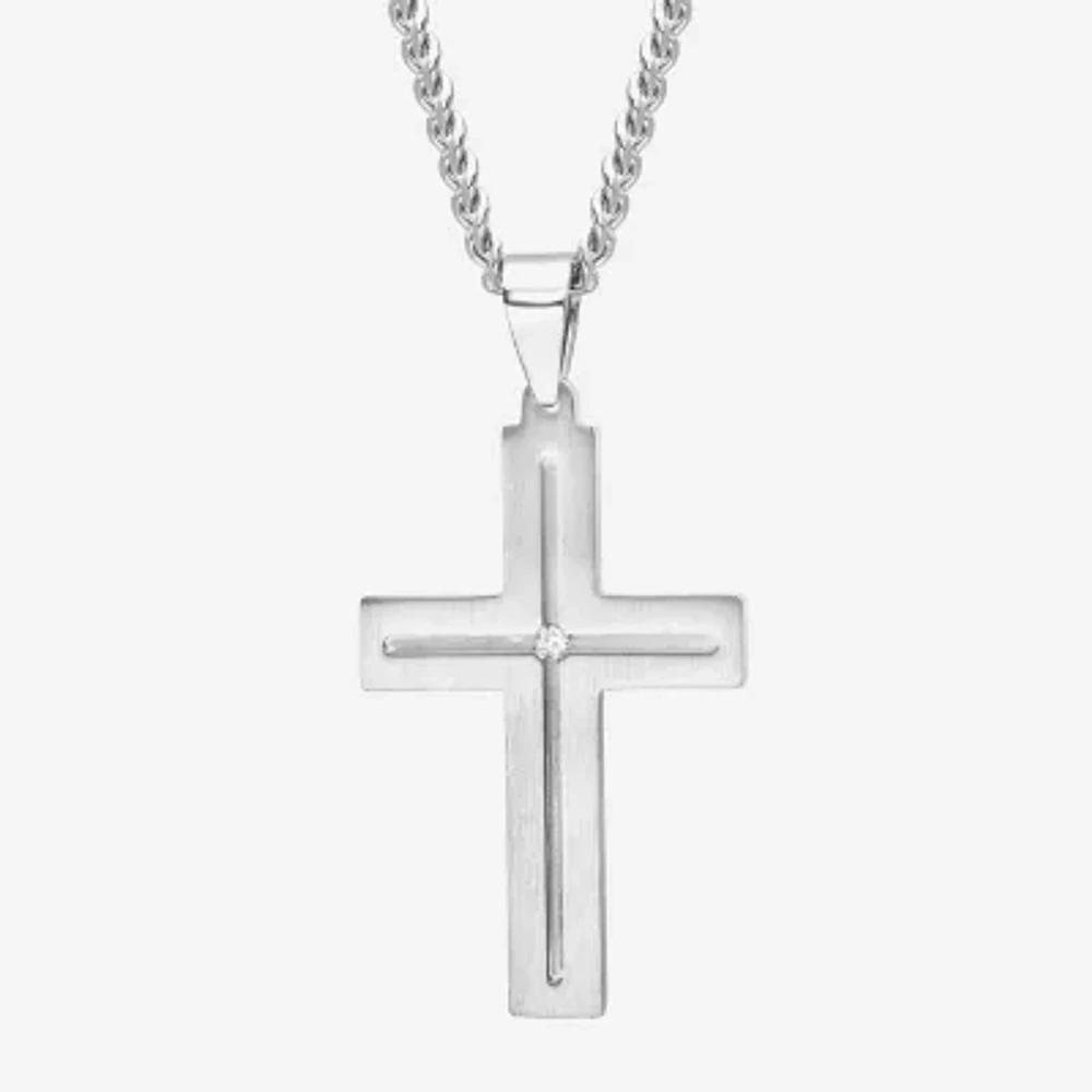 Mens Diamond-Accent Stainless Steel Cross Pendant Necklace