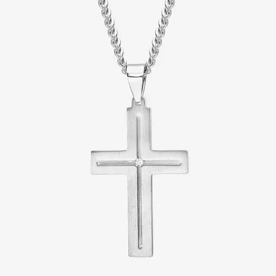 Mens Diamond-Accent Stainless Steel Cross Pendant Necklace