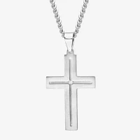 Mens Diamond-Accent Stainless Steel Cross Pendant Necklace