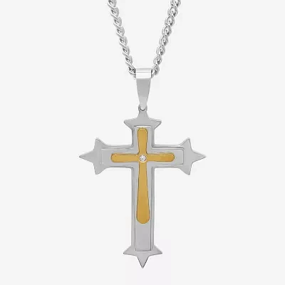 Mens Diamond-Accent Two-Tone Stainless Steel Cross Pendant Necklace