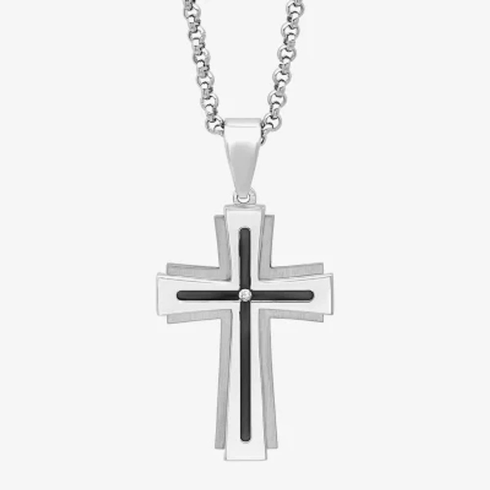 Mens Diamond-Accent Two-Tone Stainless Steel Cross Pendant Necklace