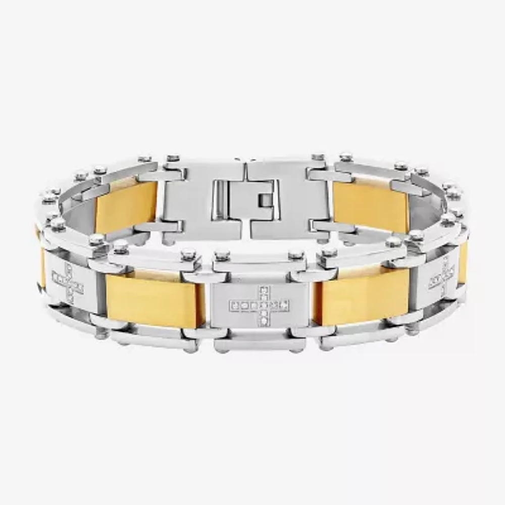 Mens 1/4 CT. T.W. Diamond Cross Two-Tone Stainless Steel Link Bracelet