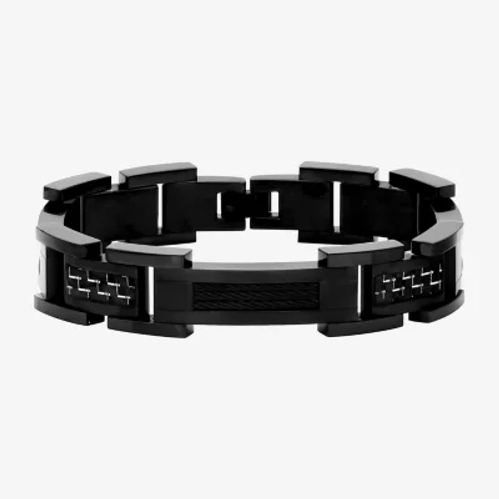 Mens Black Ion-Plated Stainless Steel and Carbon Fiber Link Bracelet