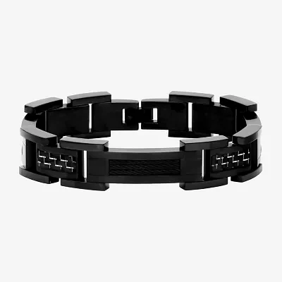 Mens Black Ion-Plated Stainless Steel and Carbon Fiber Link Bracelet