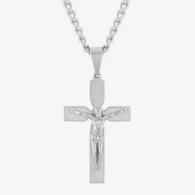 Mens Stainless Steel Lord's Prayer Crucifix Cross Pendant Necklace