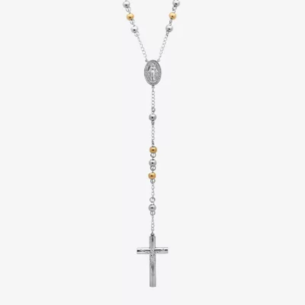 Two-Tone Stainless Steel Cross Rosary Necklace