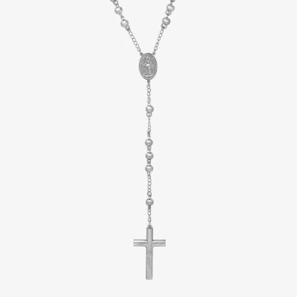 Mens Stainless Steel 36” Cross Rosary Necklace