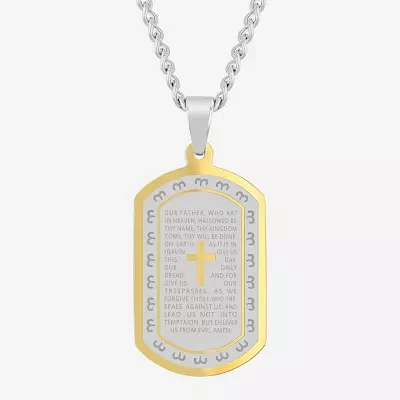 Mens Lord's Prayer Cross Dog Tag Stainless Steel Pendant Necklace