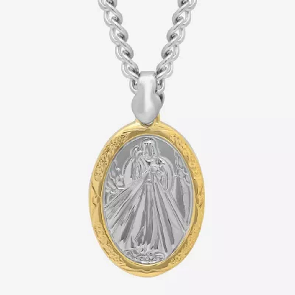 Mens Stainless Steel Divine Mercy Medallion Oval Pendant Necklace