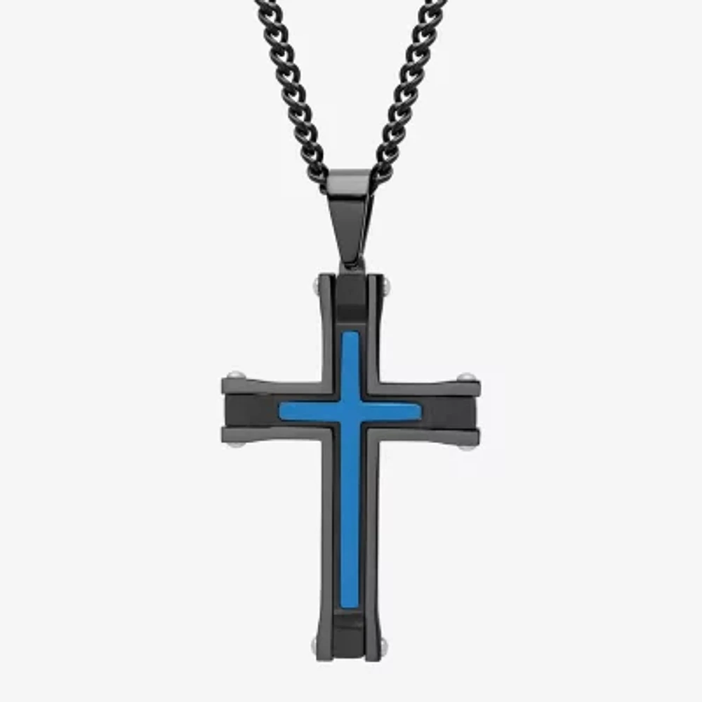 Mens Stainless Steel Black & Blue IP Cross Pendant Necklace