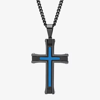 Mens Stainless Steel Black & Blue IP Cross Pendant Necklace