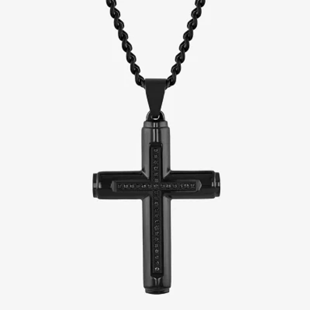 Mens 1/7 CT. T.W. Natural Black Diamond Stainless Steel Cross Pendant Necklace