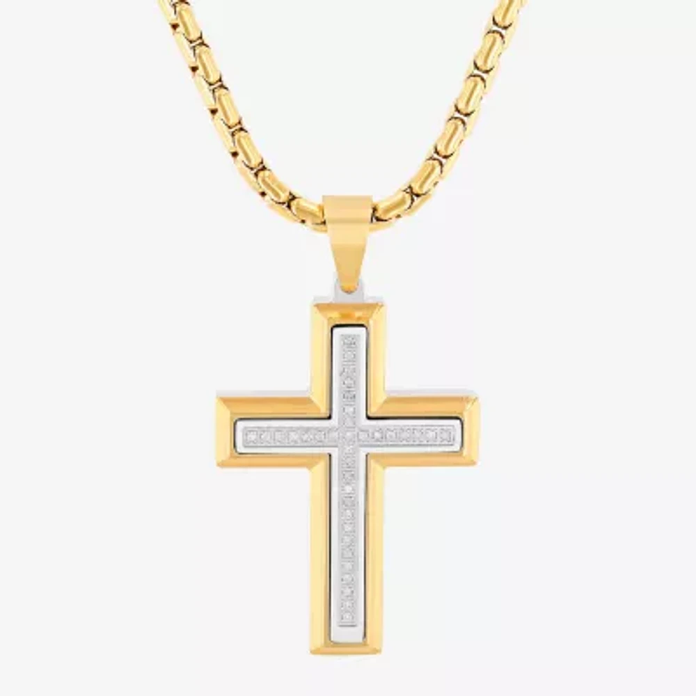 Mens 1/5 CT. White Diamond Stainless Steel Cross Pendant Necklace