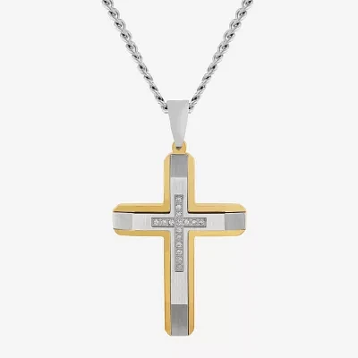 Mens 1/10 CT. T.W. Natural White Diamond Stainless Steel Cross Pendant Necklace