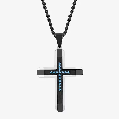 Mens 1/10 CT. T.W. Natural Blue Diamond Stainless Steel Cross Pendant Necklace