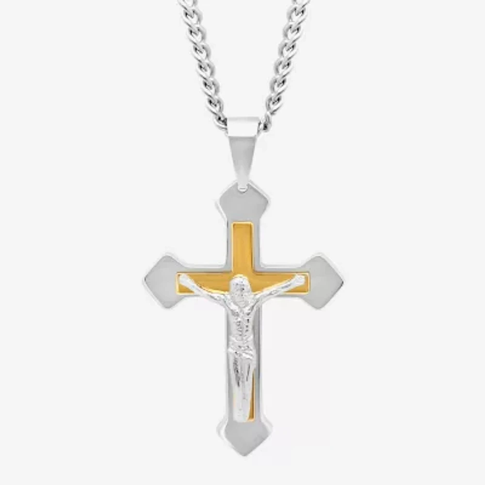 Mens Two-Tone Stainless Steel Crucifix Pendant Necklace