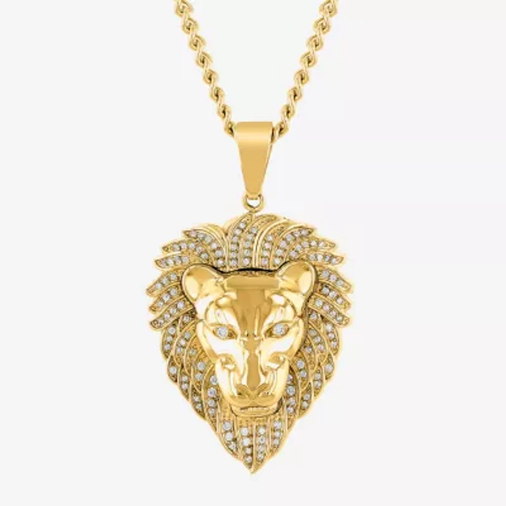 Lion Mens White Cubic Zirconia Stainless Steel Pendant Necklace