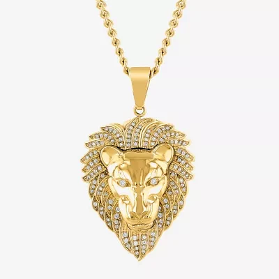 Lion Mens White Cubic Zirconia Stainless Steel Pendant Necklace