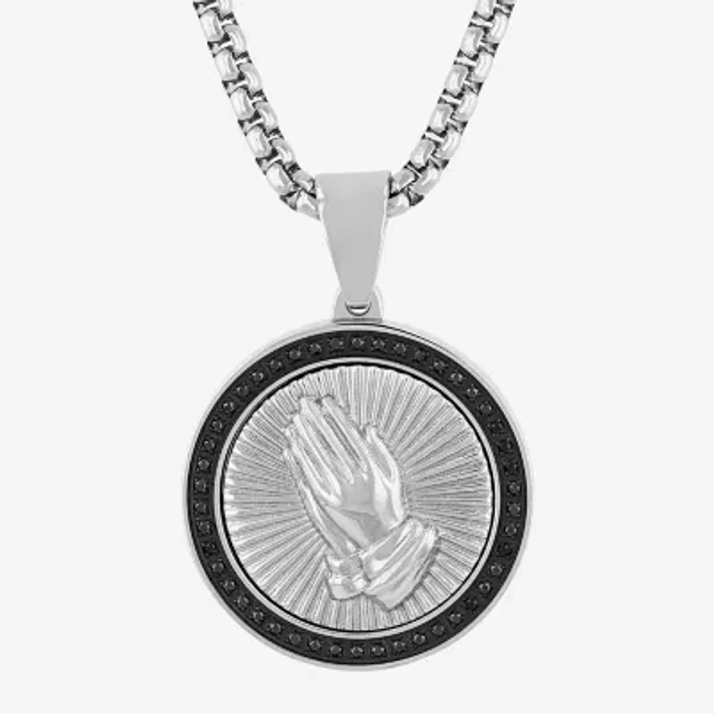 Mens 1/4 CT. T.W. Natural Diamond Stainless Steel Circle Prayer Hands Pendant Necklace