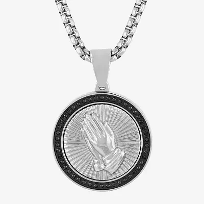 Mens 1/4 CT. T.W. Natural Diamond Stainless Steel Circle Prayer Hands Pendant Necklace