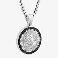 Mens 1/4 CT. T.W. Natural Diamond Stainless Steel Circle Prayer Hands Pendant Necklace