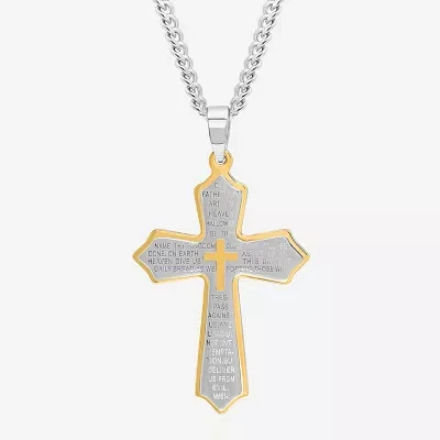 Mens Stainless Steel Lord's Prayer Cross Pendant Necklace