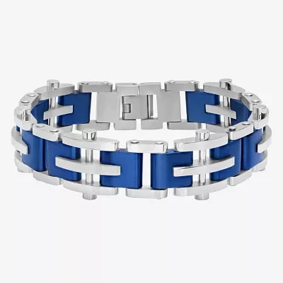 Mens 8 1/2 Inch Stainless Steel Blue IP Finish Cross and Bar Link Bracelet